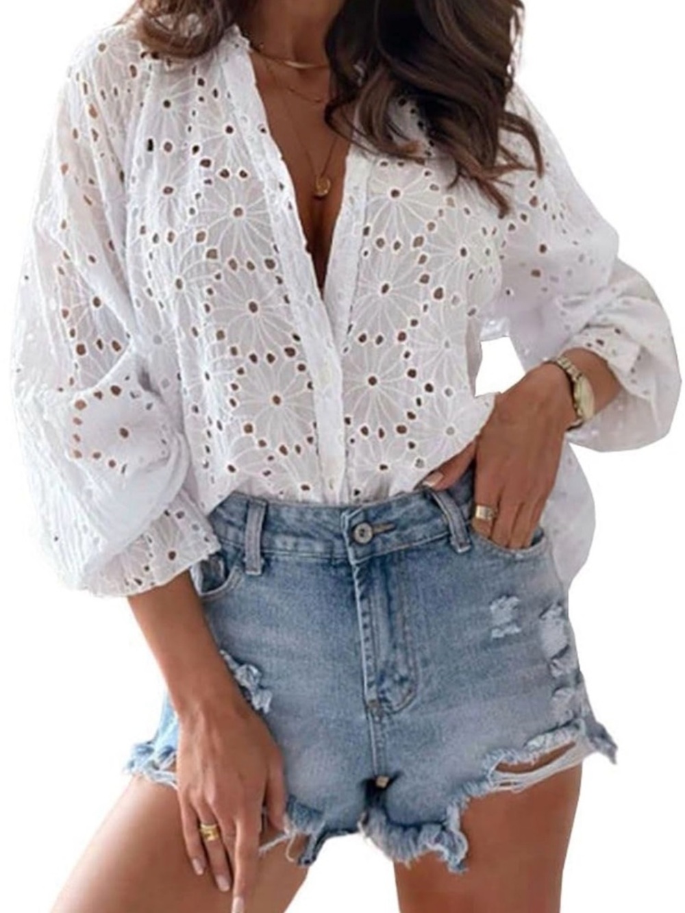 Women's White Eyelet Lace Blouse - Effortless Spring Top